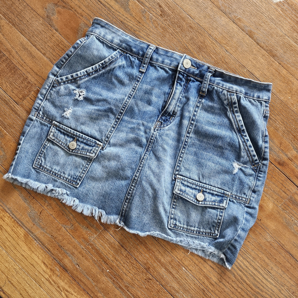Denim Cargo Mini Skirt with Frayed Hem - Blue